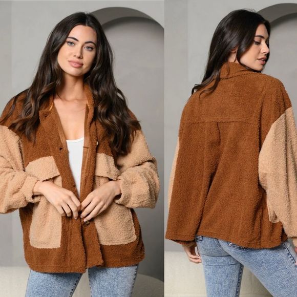 Peach Love Teddy Jacket Color block Chestnut brown taupe small - Picture 7 of 10